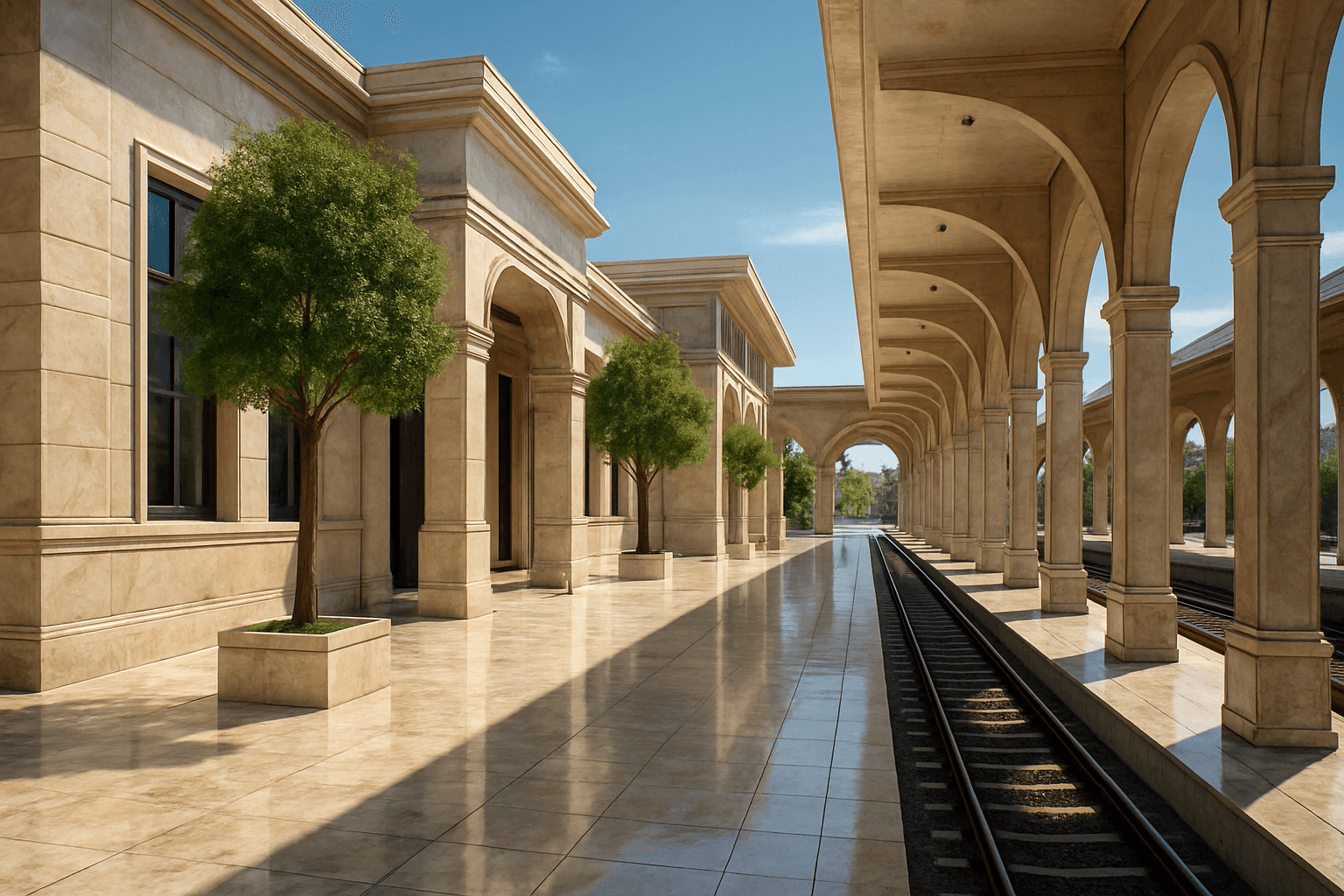 Elegant train station platform with arches and green trees on a sunny day.